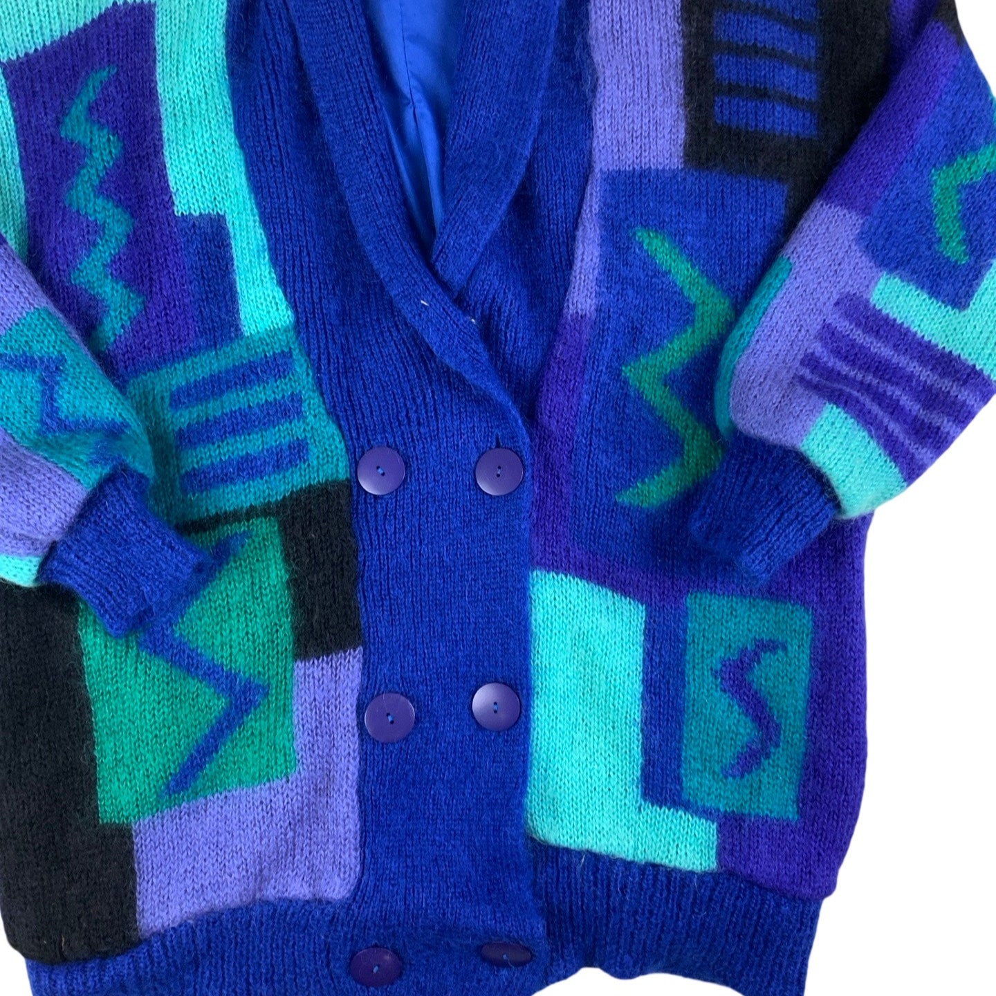 Vintage 80s Blue Geometric Mohair Cardigan L XL