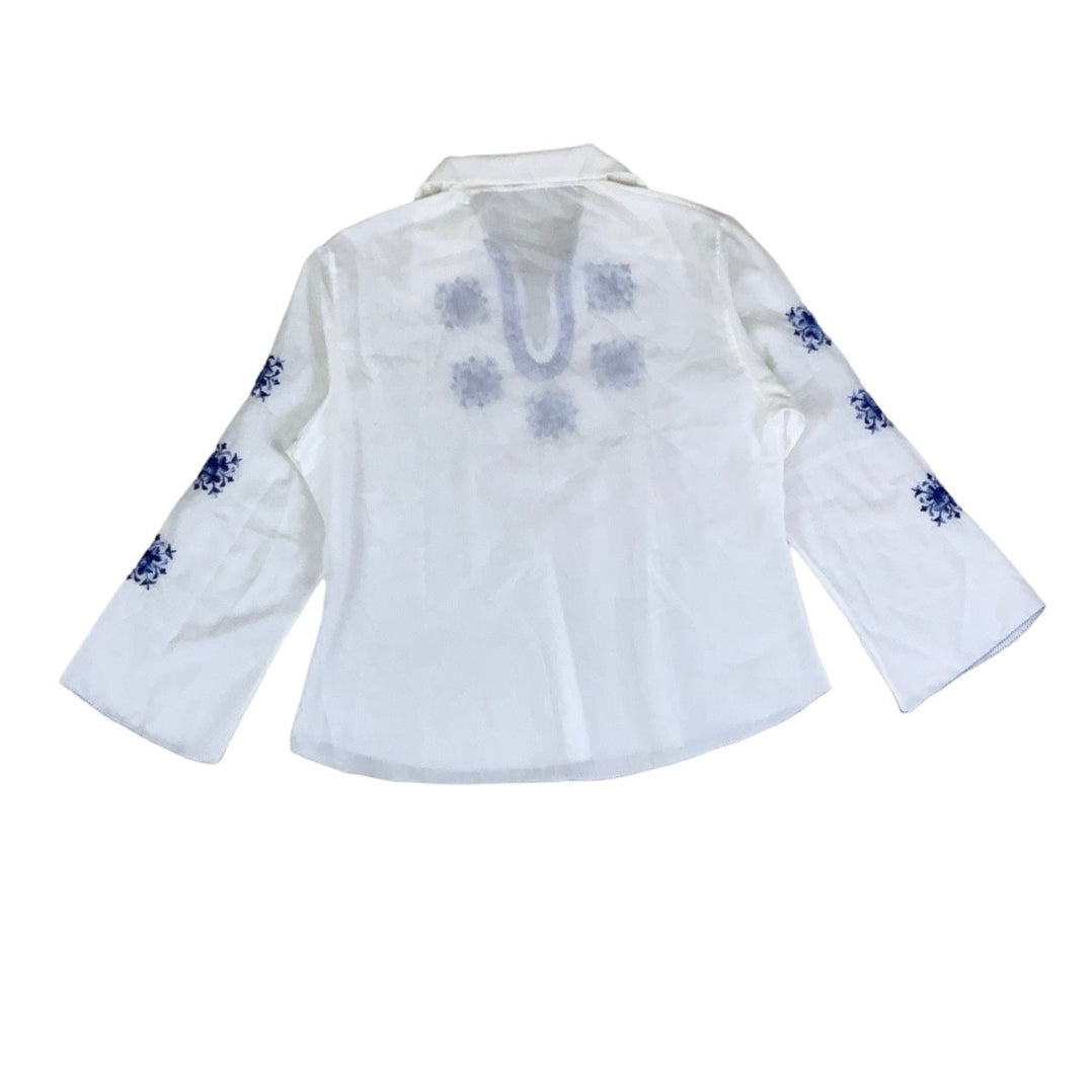 Vintage Bohemian Folk White Blue Cross-stitch Embroidered Cotton Tunic Blouse 14 16 M