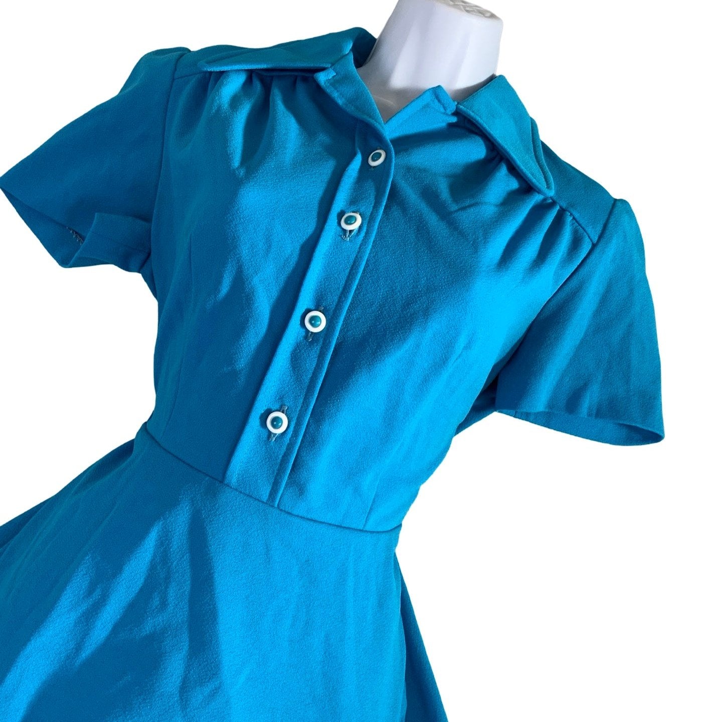 Vintage 60s 70s Blue Mini Aline Shirt Dress 8 10 12