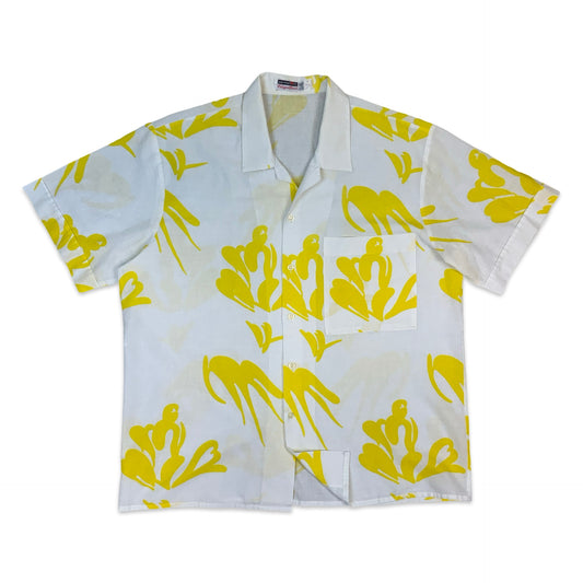 80s White & Yellow Summer Short Sleeved Relaxed Shirt L