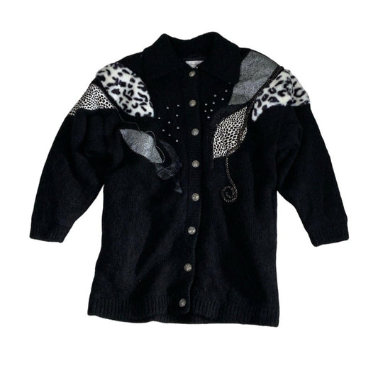 Vintage ‘G. Pisano’ Black Animal Print Beaded Cardigan L 14 16