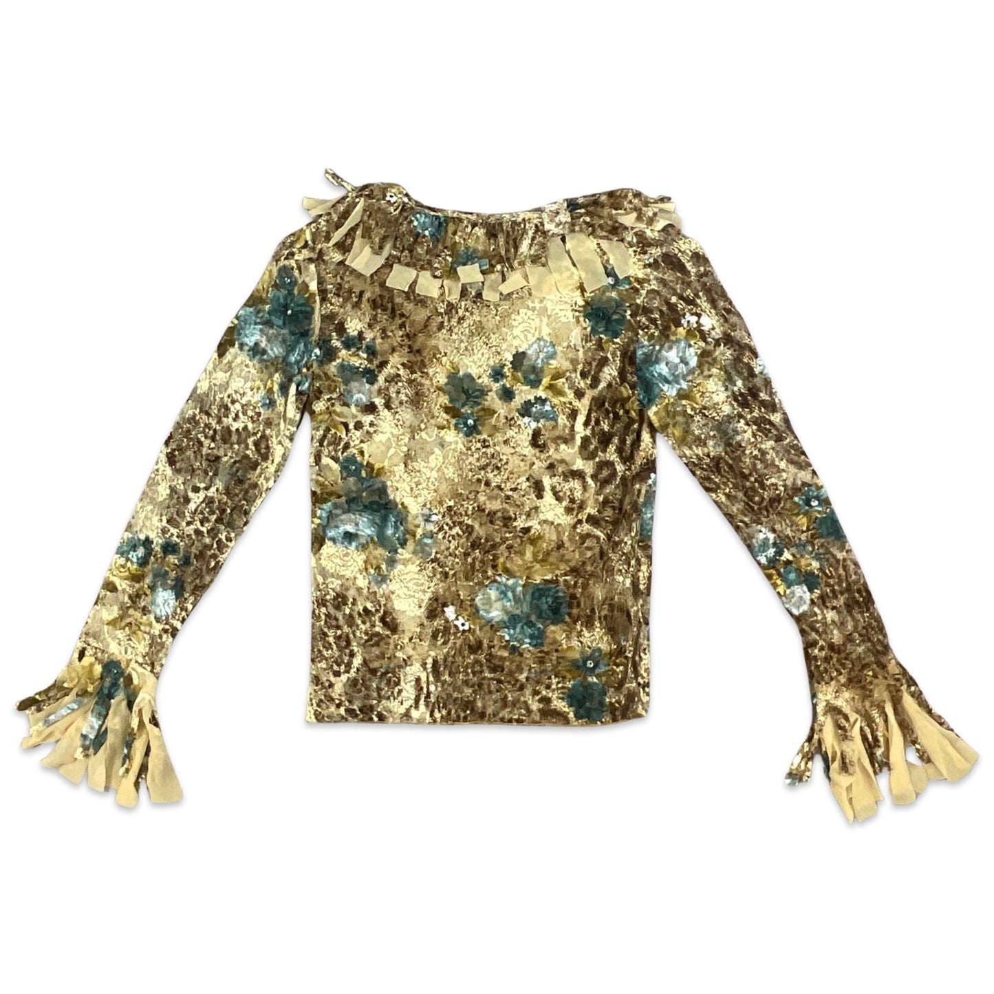 Vintage 90s Brown Teal Beige Long Sleeve Netted Floral Top 6 8 10