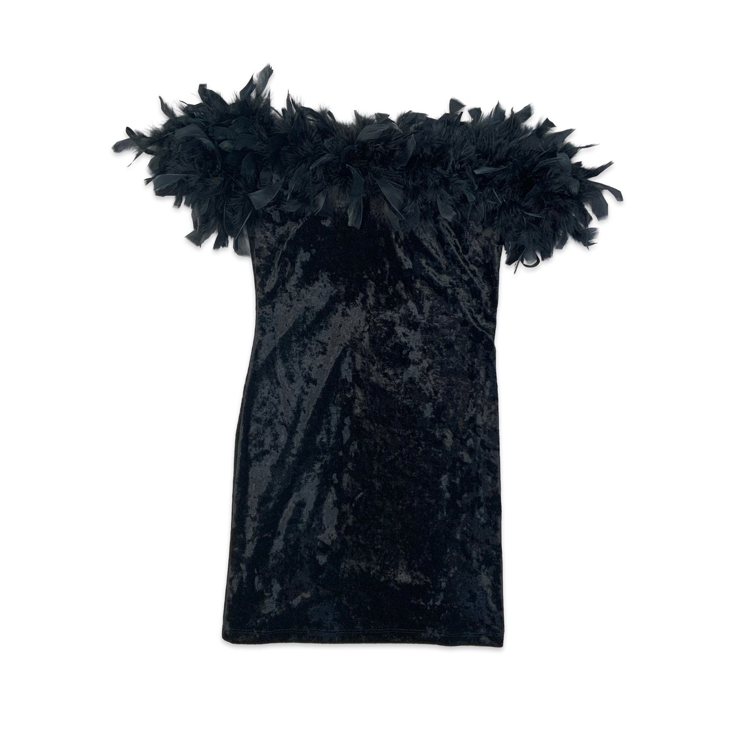 90s Black Velvet Feather Mini Dress 10 12