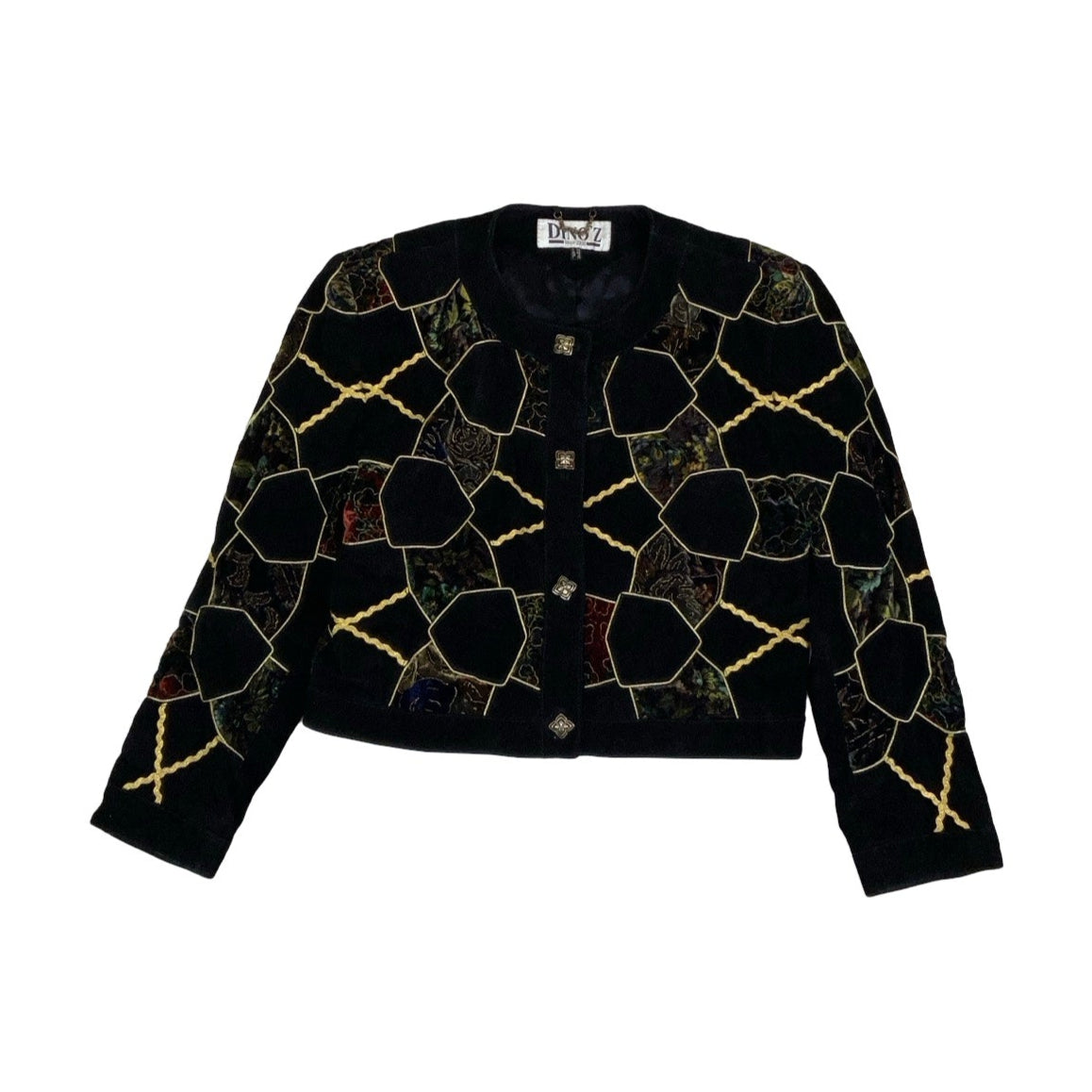 Vintage 80s ‘Dino’z’ Black Gold Patchwork Embroidered Velvet Crop Suede Leather Jacket 16 18 L