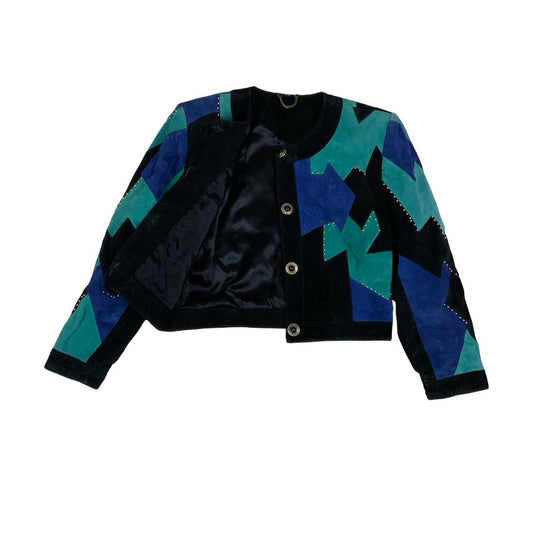 Vintage 80s ‘Dino’z’ Black Green Blue Patchwork Zig-Zag Beaded Crop Statement Suede Leather Jacket 10 12