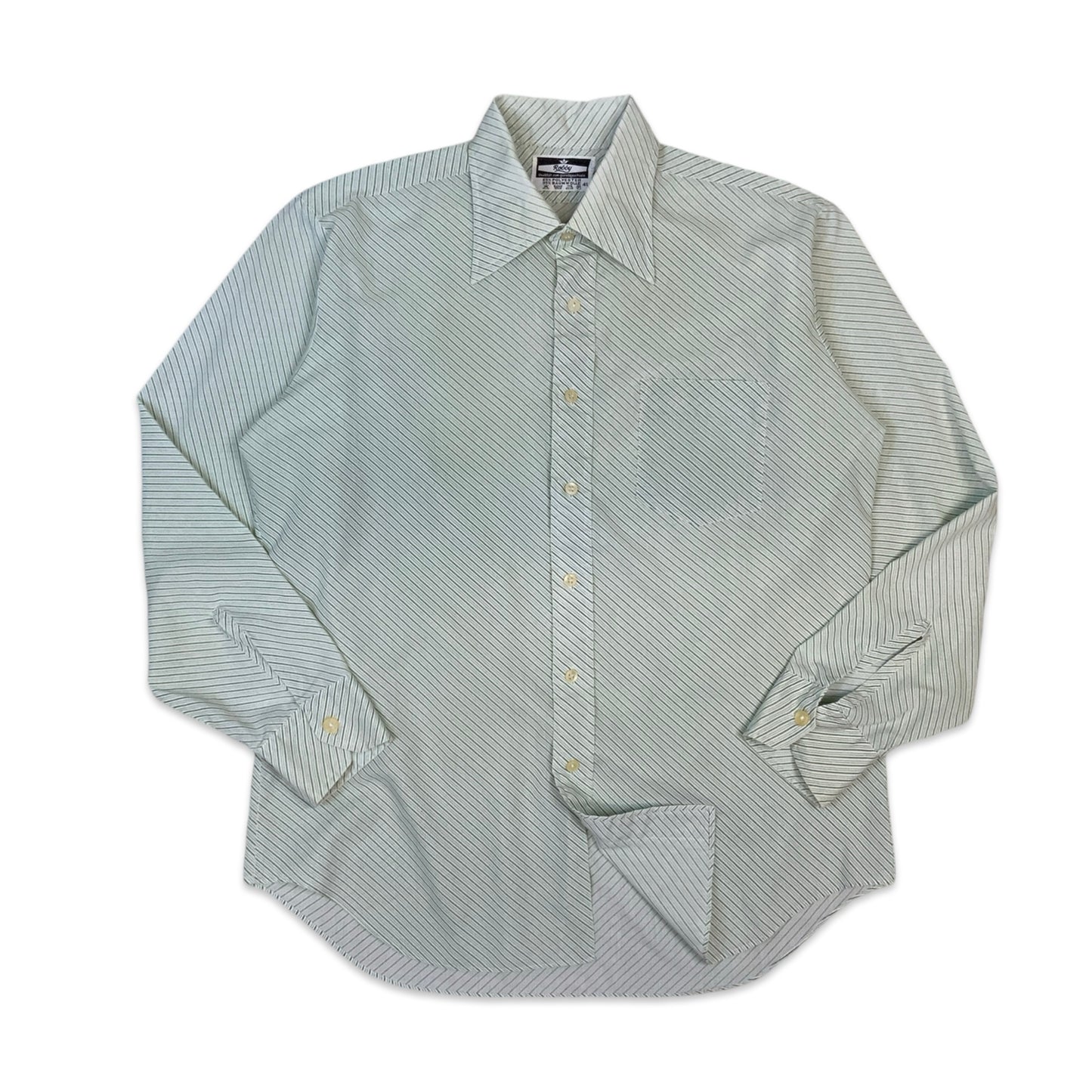 70s White & Green Striped Dagger Collar Shirt L