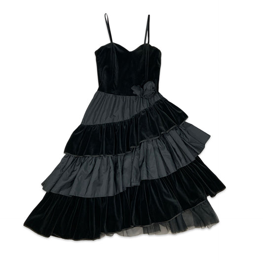 Vintage Black Tiered Pleated Midi Dress 8