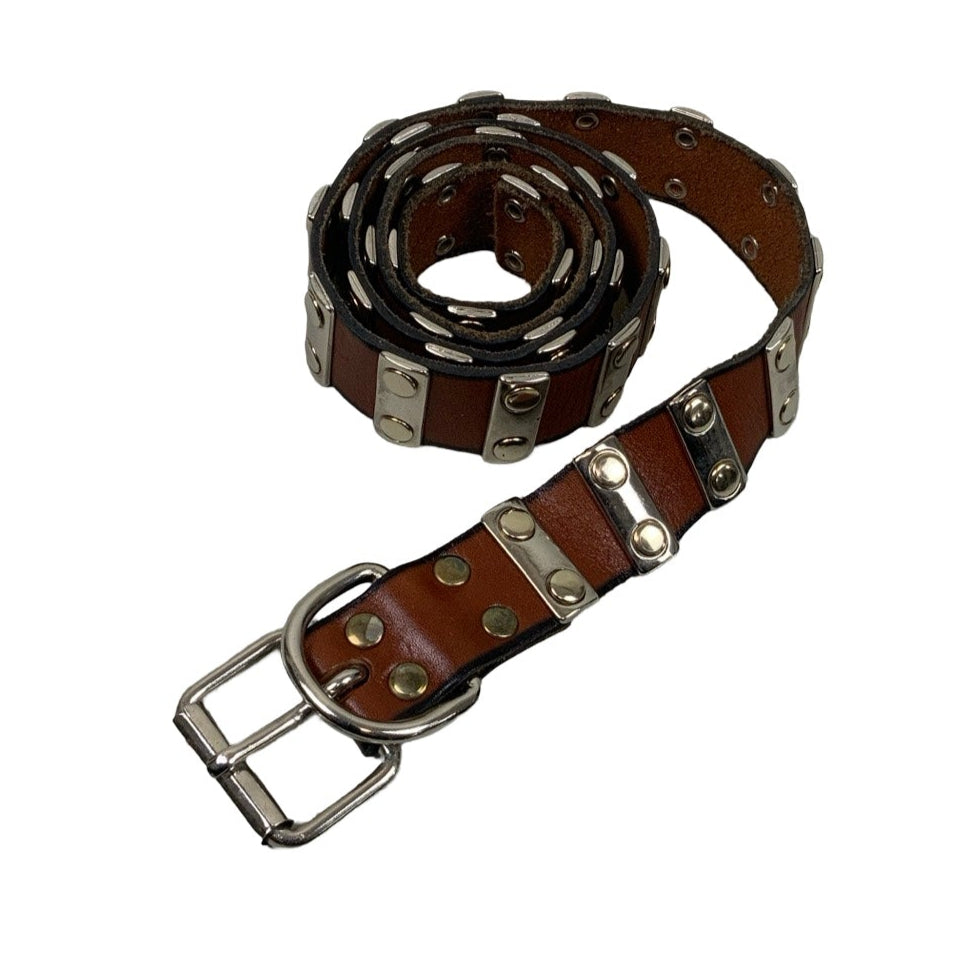 Vintage 80s 90s Thin Brown Leather Silver Studded Buckle Belt