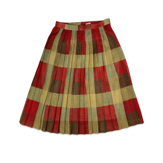 Vintage Brown & Red Checkered Pleated Midi Skirt 6 8 10