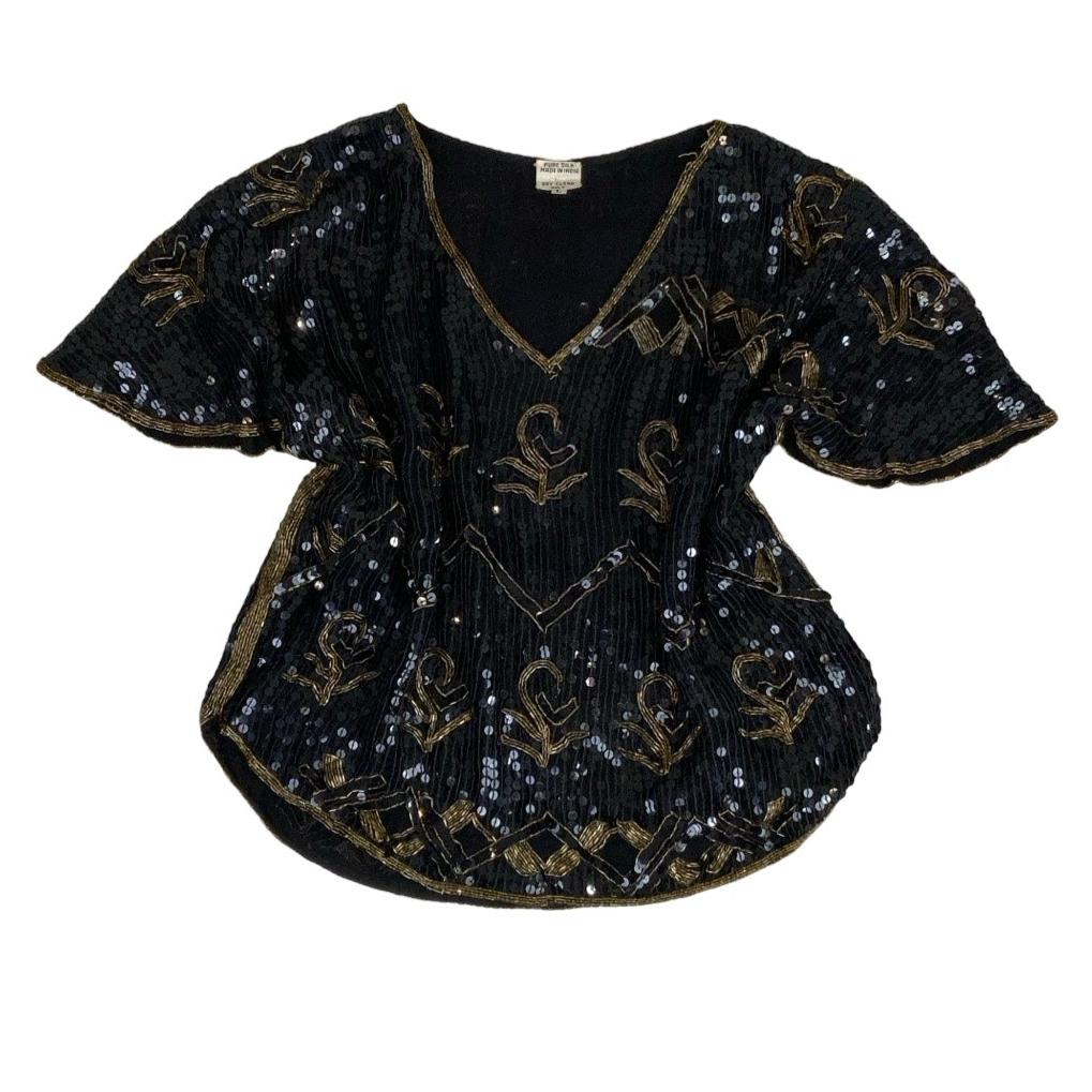 Vintage Black Sequin Gold Bead Blouse Top M L 14 16