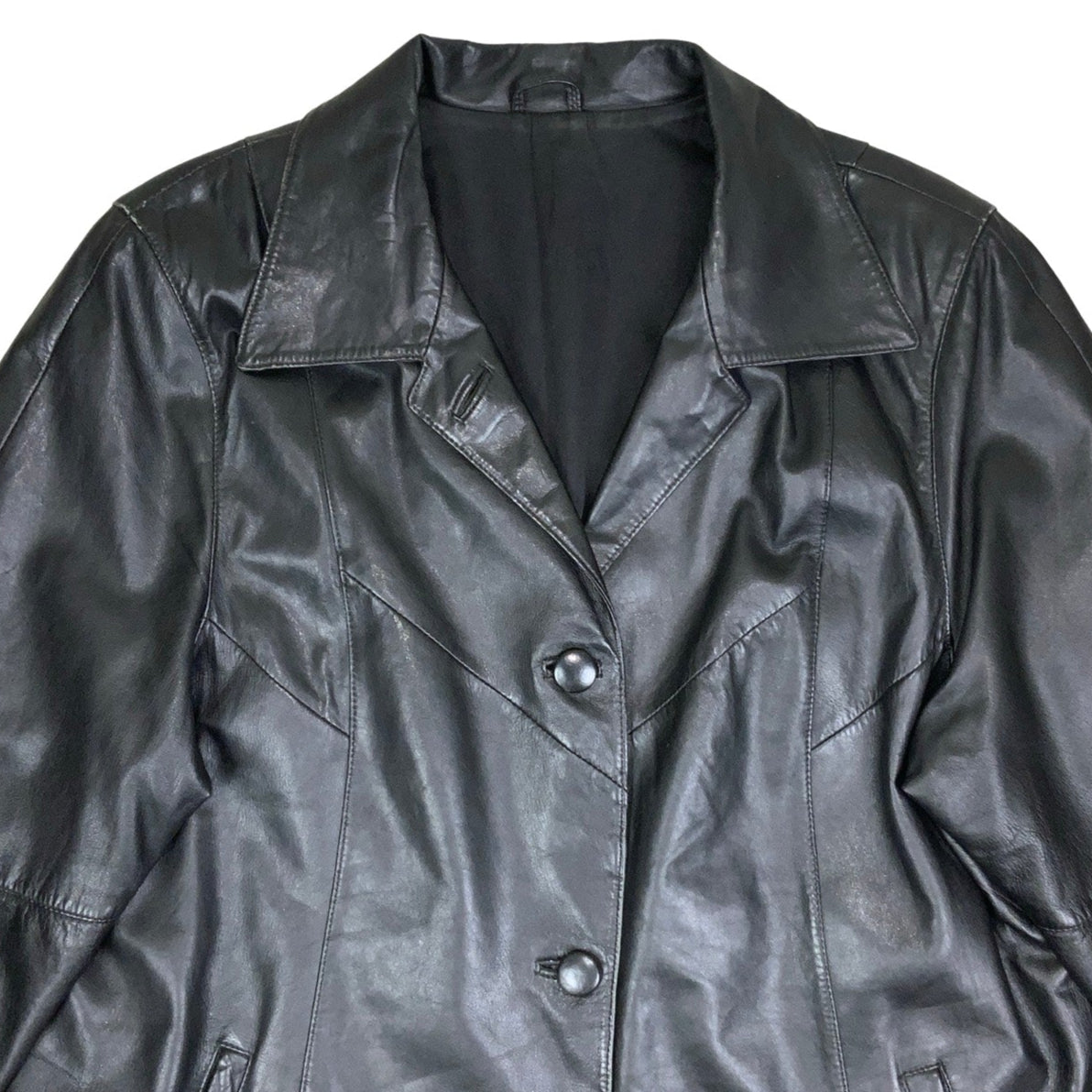 Vintage 90s 'Canda' C&A Black Swing Leather Coat Jacket M L