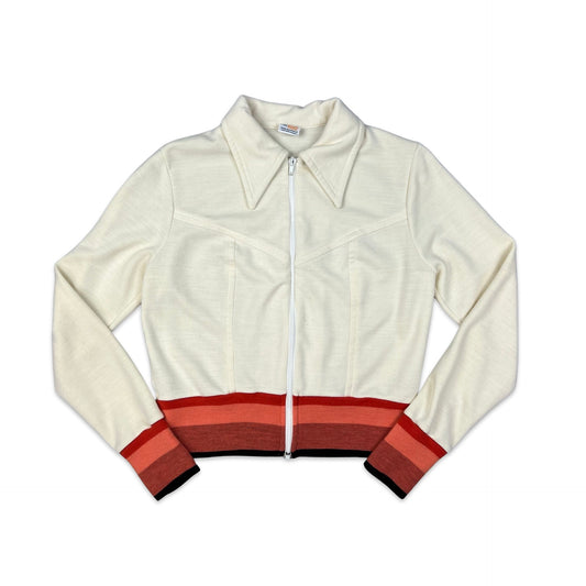 Vintage 70s White & Orange Knit Track Zip-up Jacket XS S