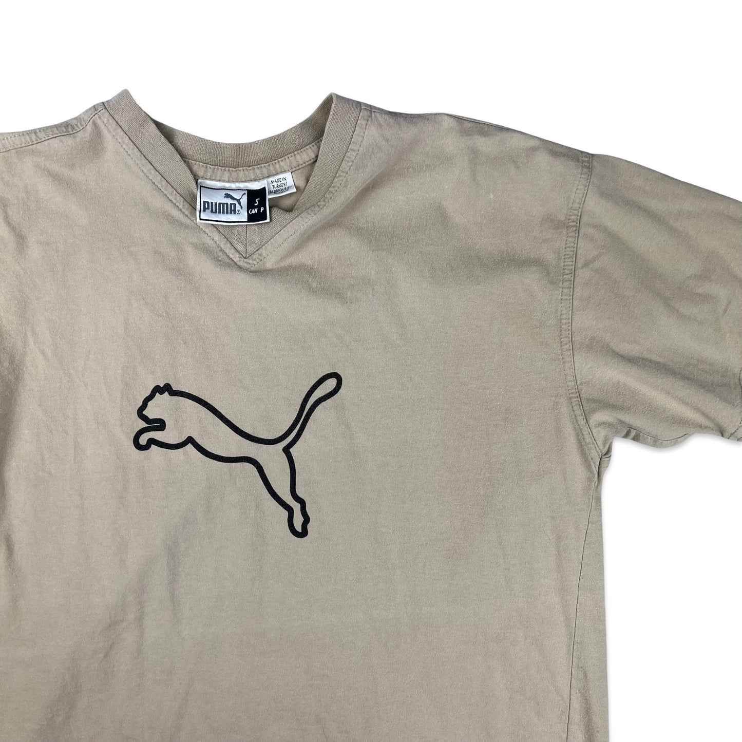 Vintage Y2K Puma Beige V-neck Logo Tee S M