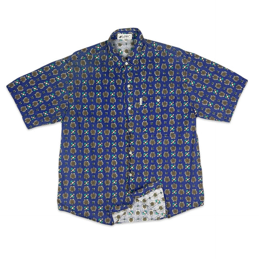 Vintage 80s Blue Abstract Print Short Sleeve Shirt M L