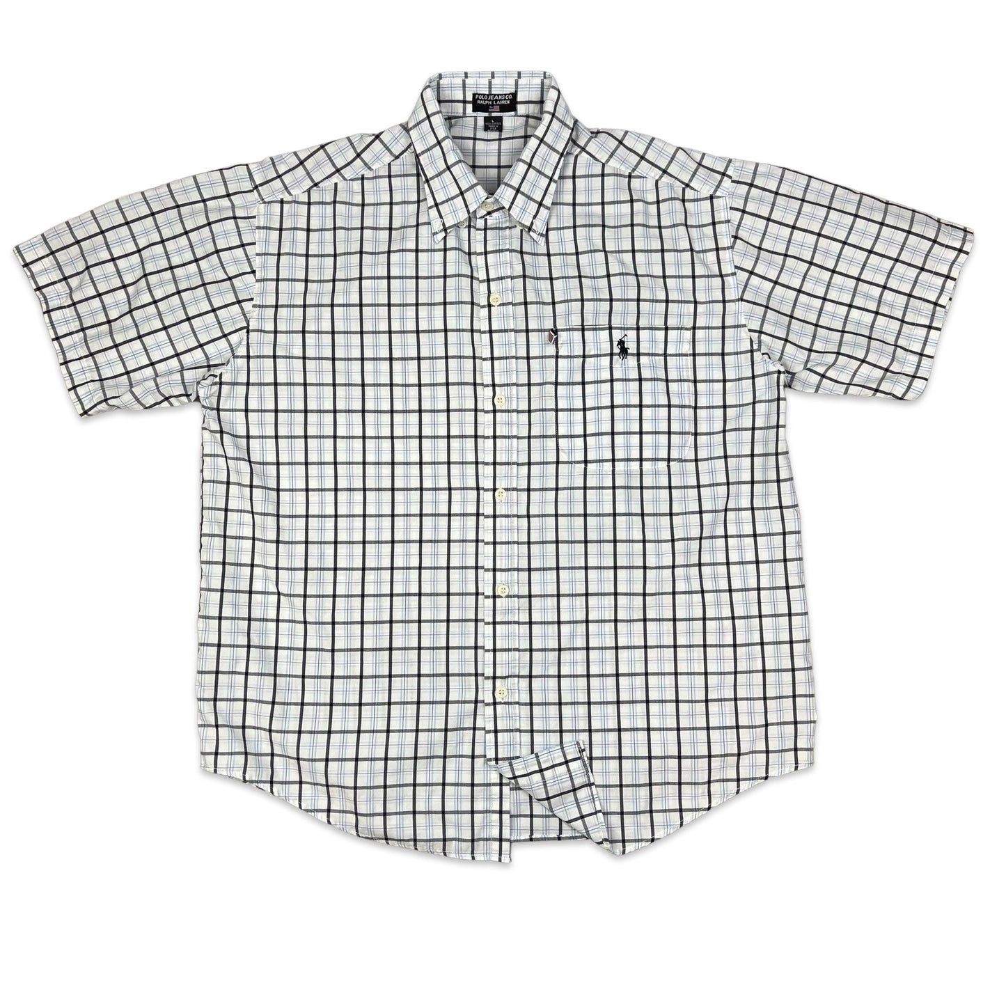 Vintage 90s Ralph Lauren White & Blue Checked Short Sleeve Shirt L XL