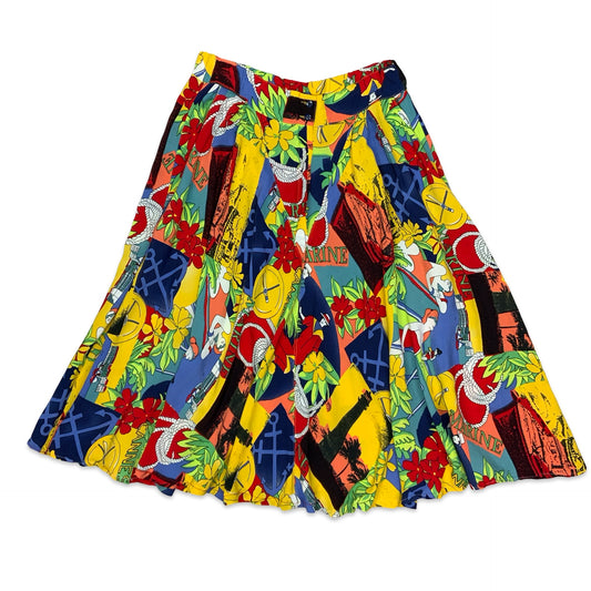 80s Multicoloured Beach Floral Print Midi Skirt 16