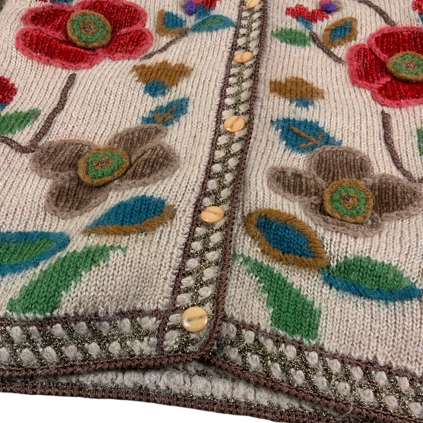 Vintage 80s 'Royal City' Beige Embroidered Floral Cardigan M 14 16