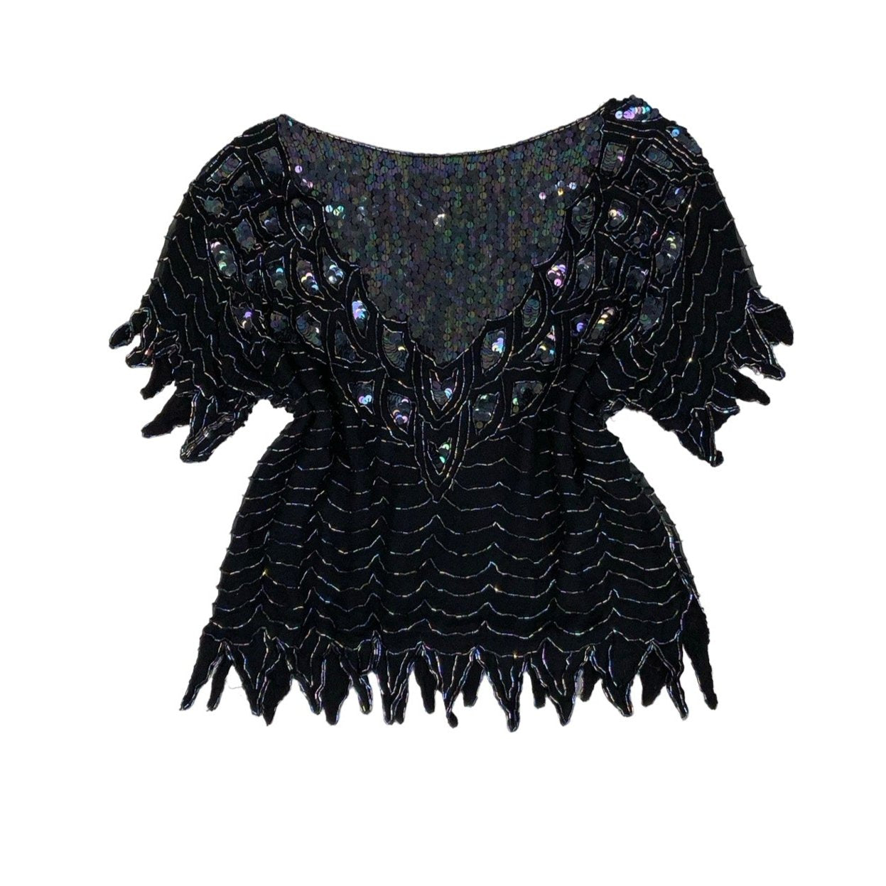 Vintage Black Iridescent Sequin Bead Blouse Top S 10 12