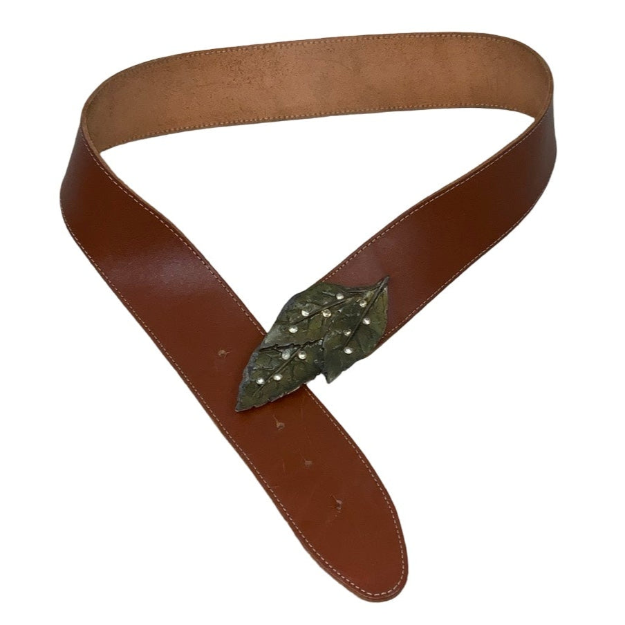 Vintage 90s 00s y2k Brown Leather Silver Leaf Gem Stud Buckle Belt