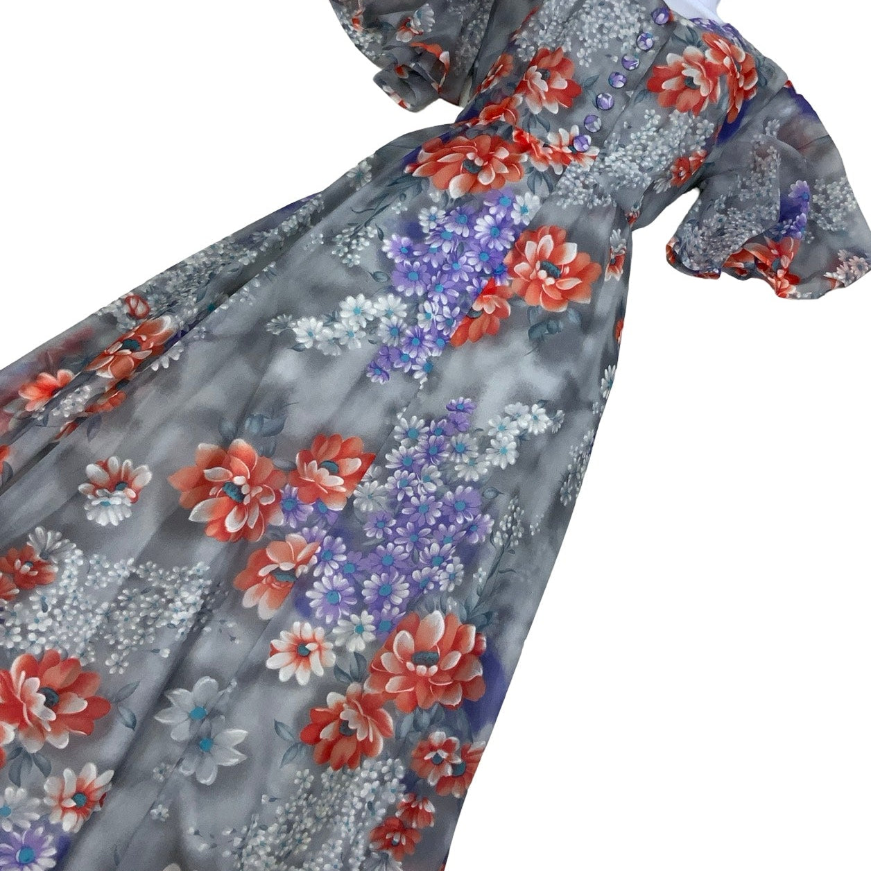 Vintage 70s Grey Purple Orange Floral Aline Maxi Dress 12 14