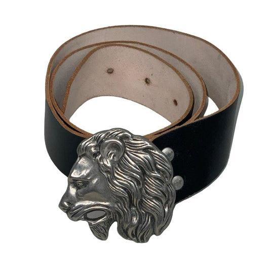 Vintage 80s 90s Black Leather Silver Lion Pin Buckle Belt