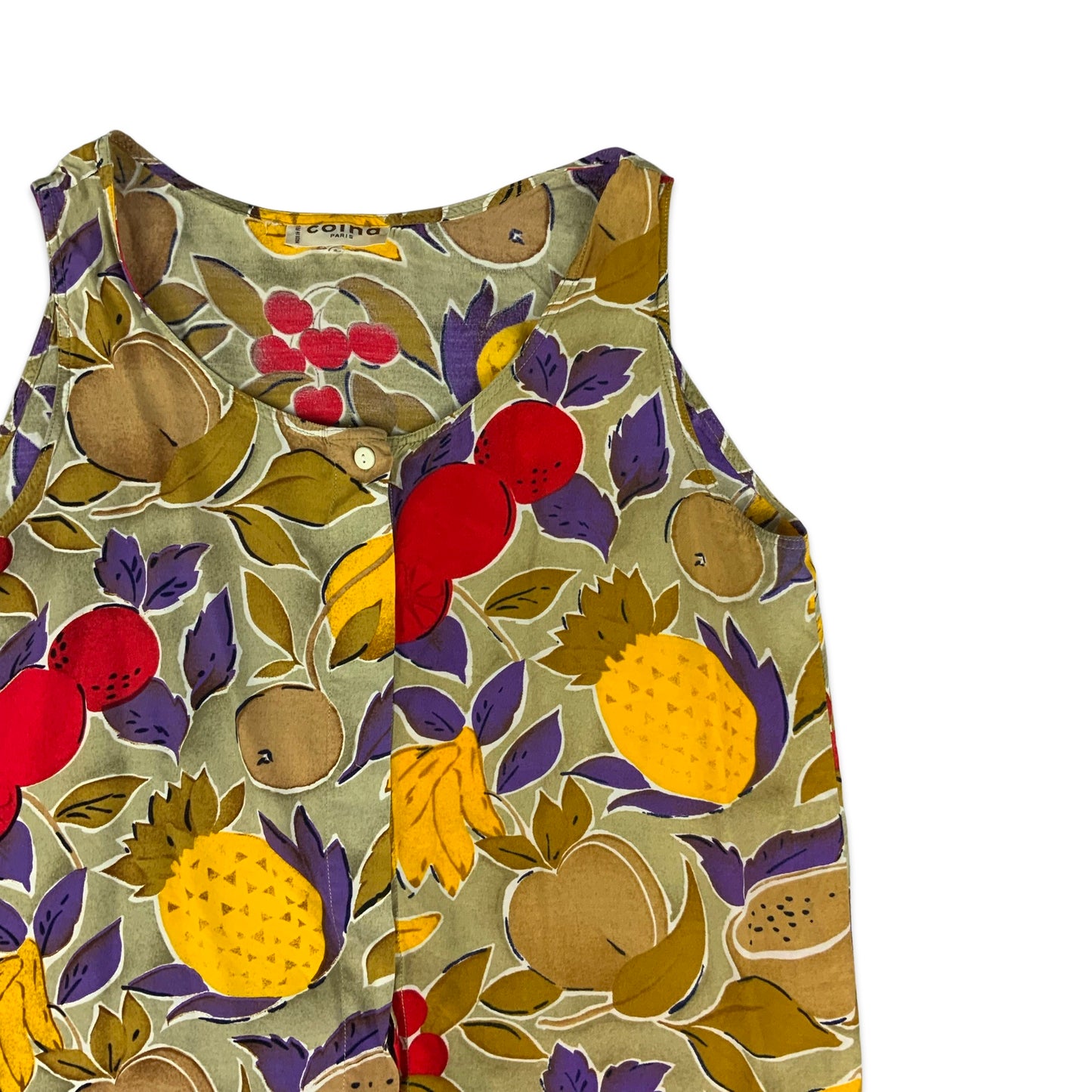 80s Fruit Print Button Up Sleeveless Blouse