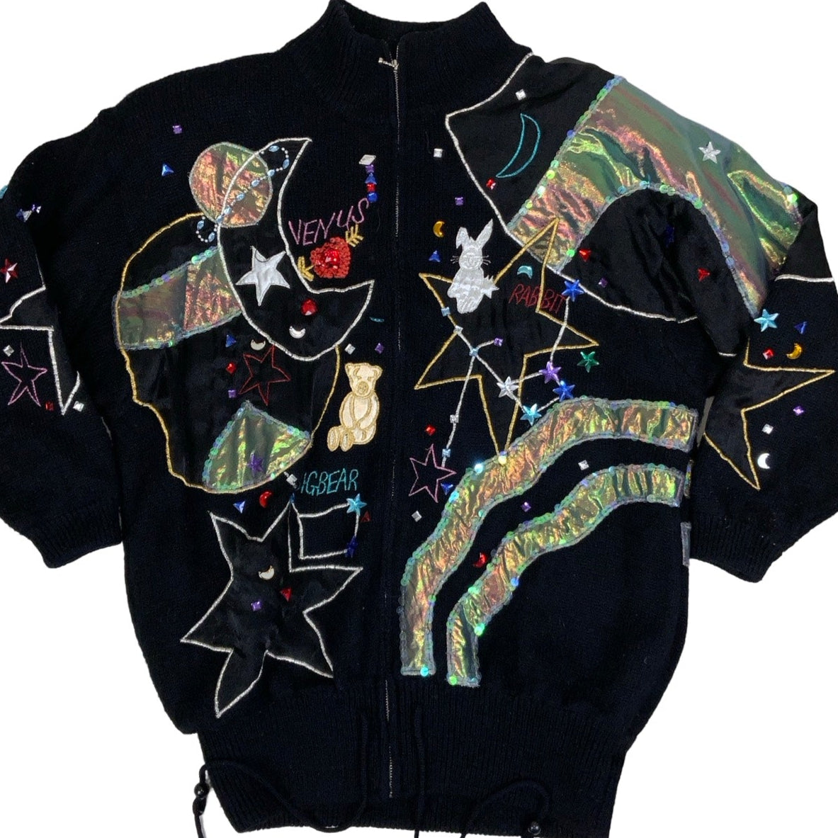 Vintage 80s Crazy Whimsical Psychedelic Geometric Space Embroidered Zip-Up Black Mohair Cardigan XL 2XL