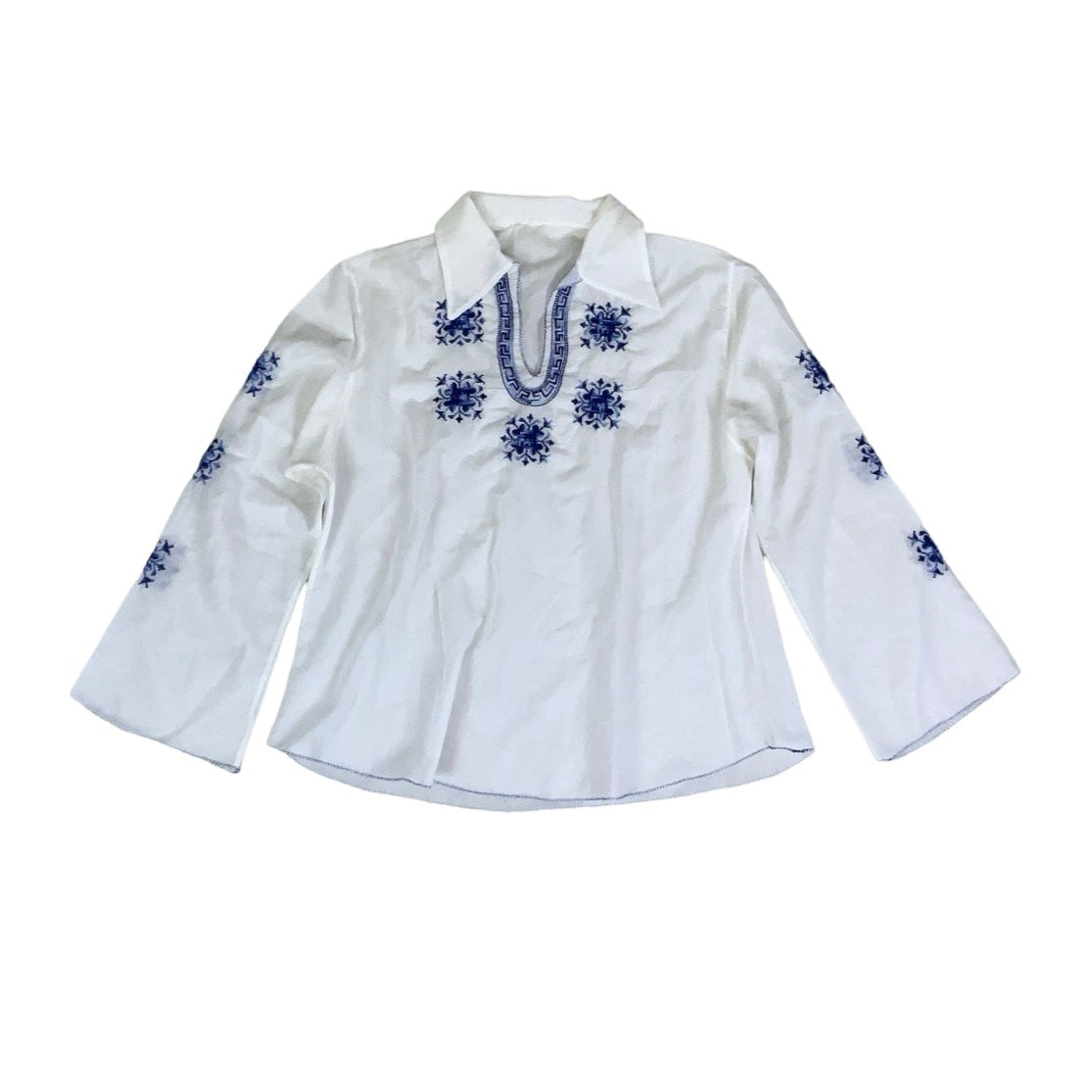 Vintage Bohemian Folk White Blue Cross-stitch Embroidered Cotton Tunic Blouse 14 16 M