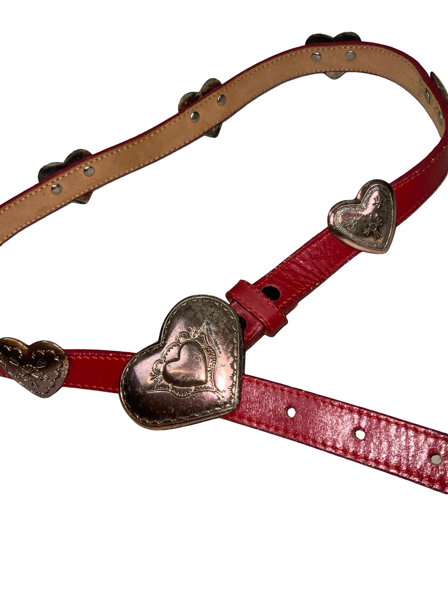 Vintage 90s 00s Y2k Red Leather Western Heart Studded Buckle Thin Belt