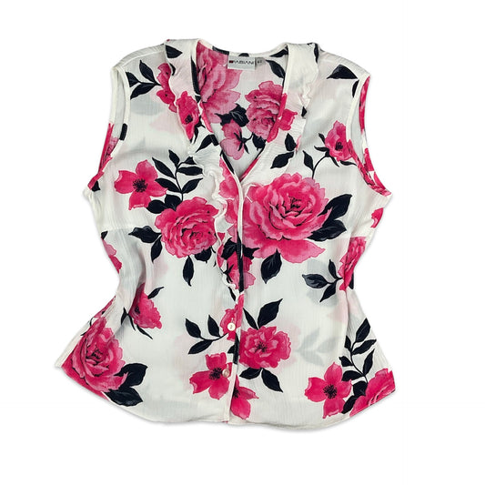 Vintage White Pink & Black Floral Sleeveless Blouse 10 12 14 16