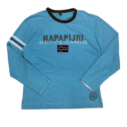 Y2K Napapijri Long Sleeve T-Shirt Blue Brown White XL