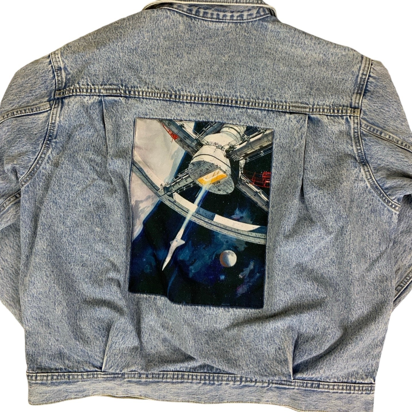 2001 RARE Kubrick Space Odyssey Light Blue Distressed Denim Jacket L XL