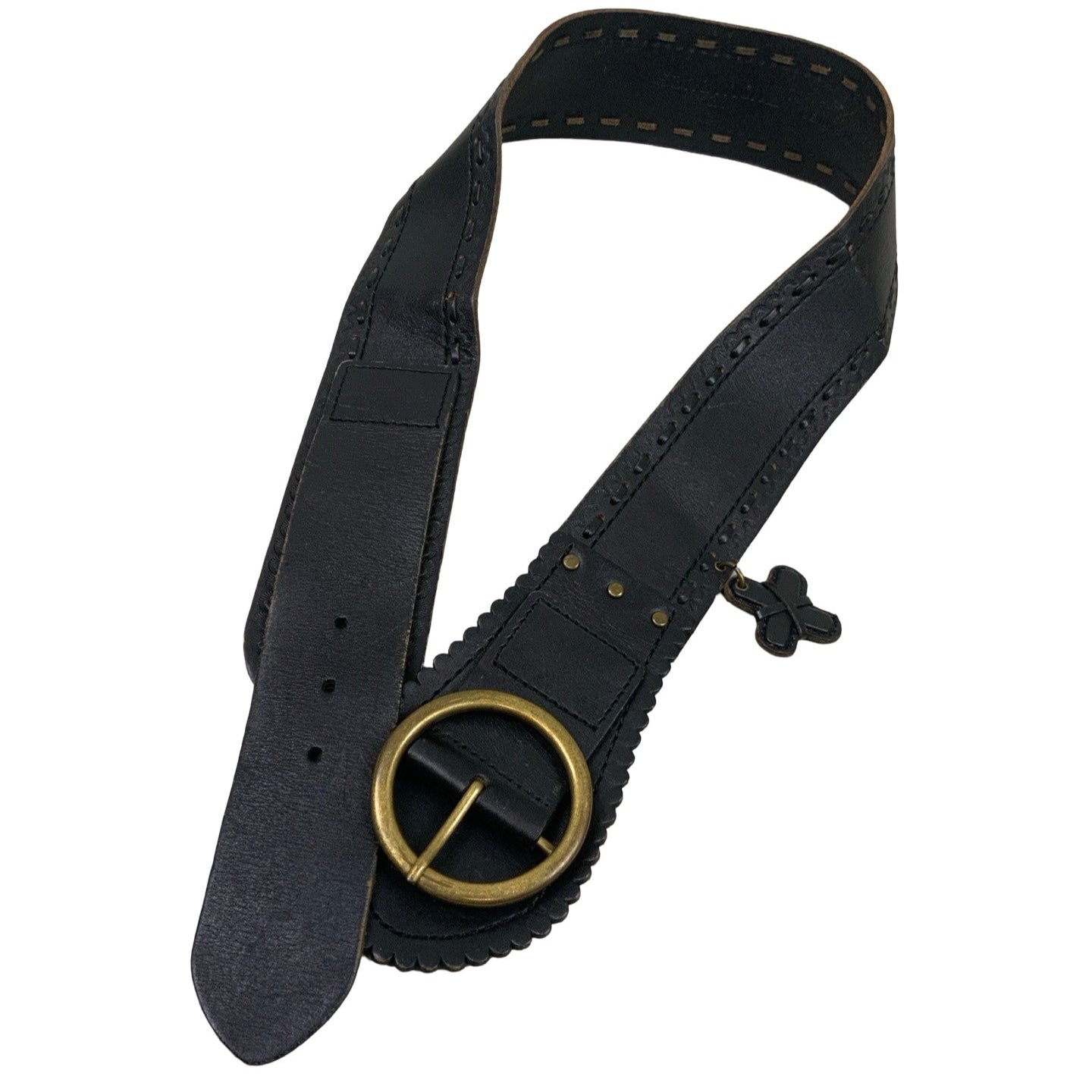 Vintage 90s 00s y2k 'Sandwich' Thick Black Leather Stitched Cross Attachment Buckle Belt