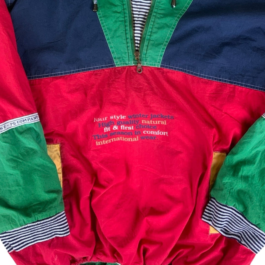 Vintage 90s ‘PS Company’ Red Blue Green Windbreaker Pull-Over Hoodie L XL