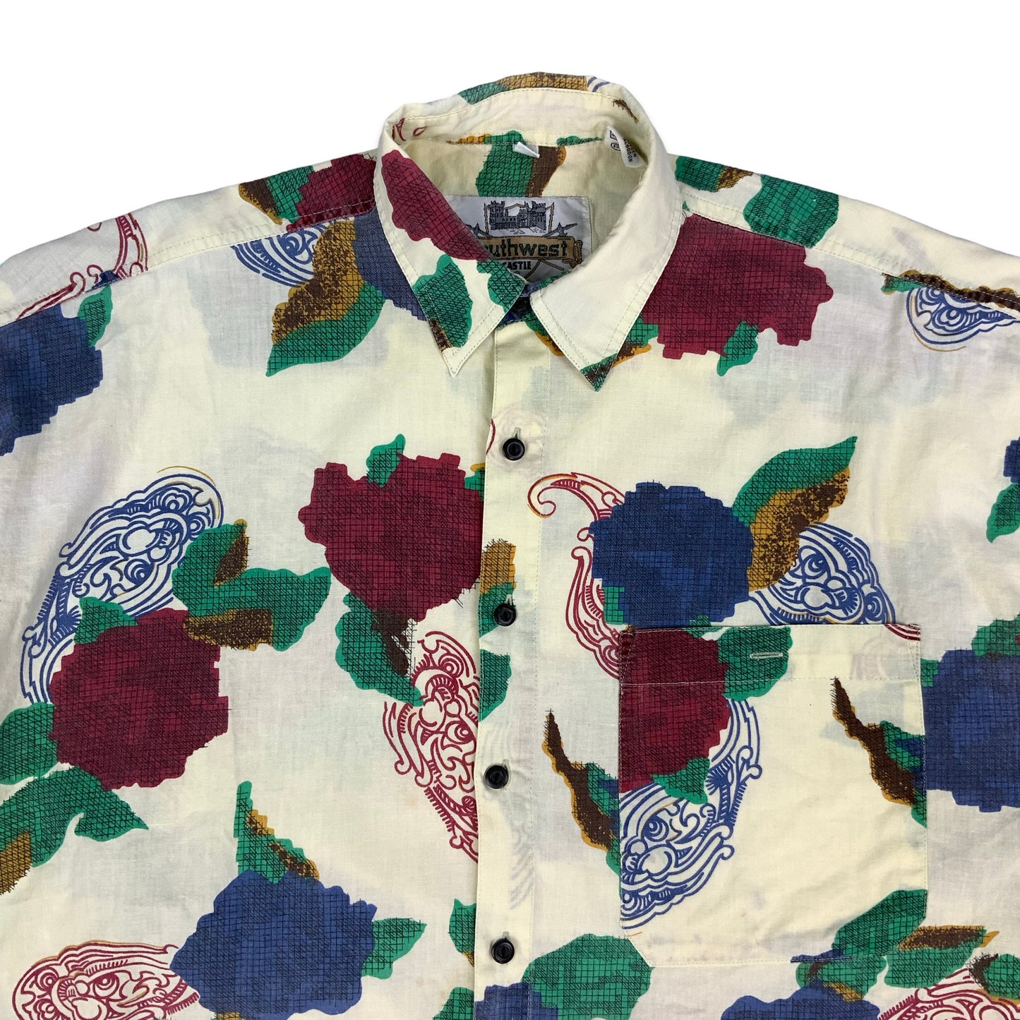 Vintage Pale Yellow Red Blue Green Abstract Print Shirt L