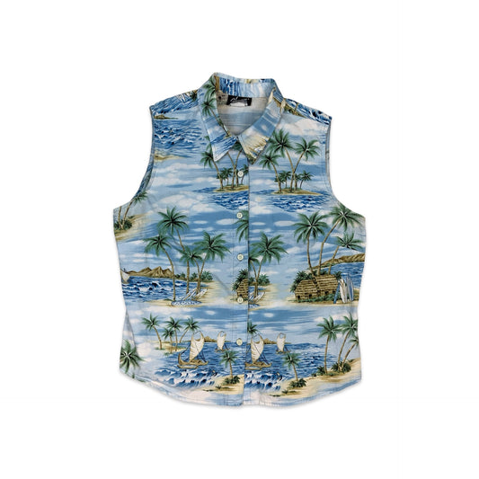 90s Blue Button Up Hawaiian Sleeveless Blouse 10 12