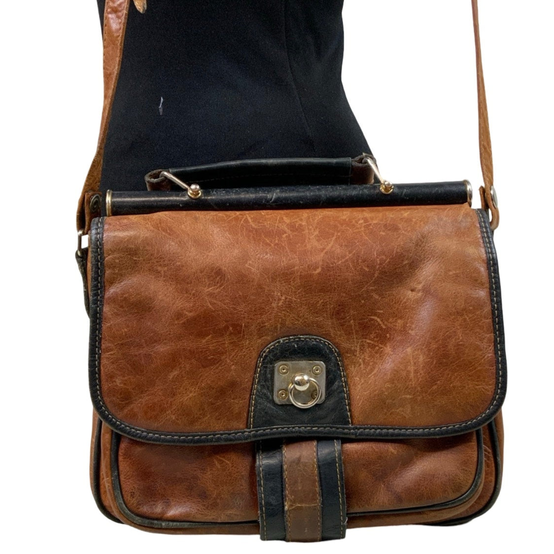 Vintage Brown Leather Satchel Shoulder Handbag