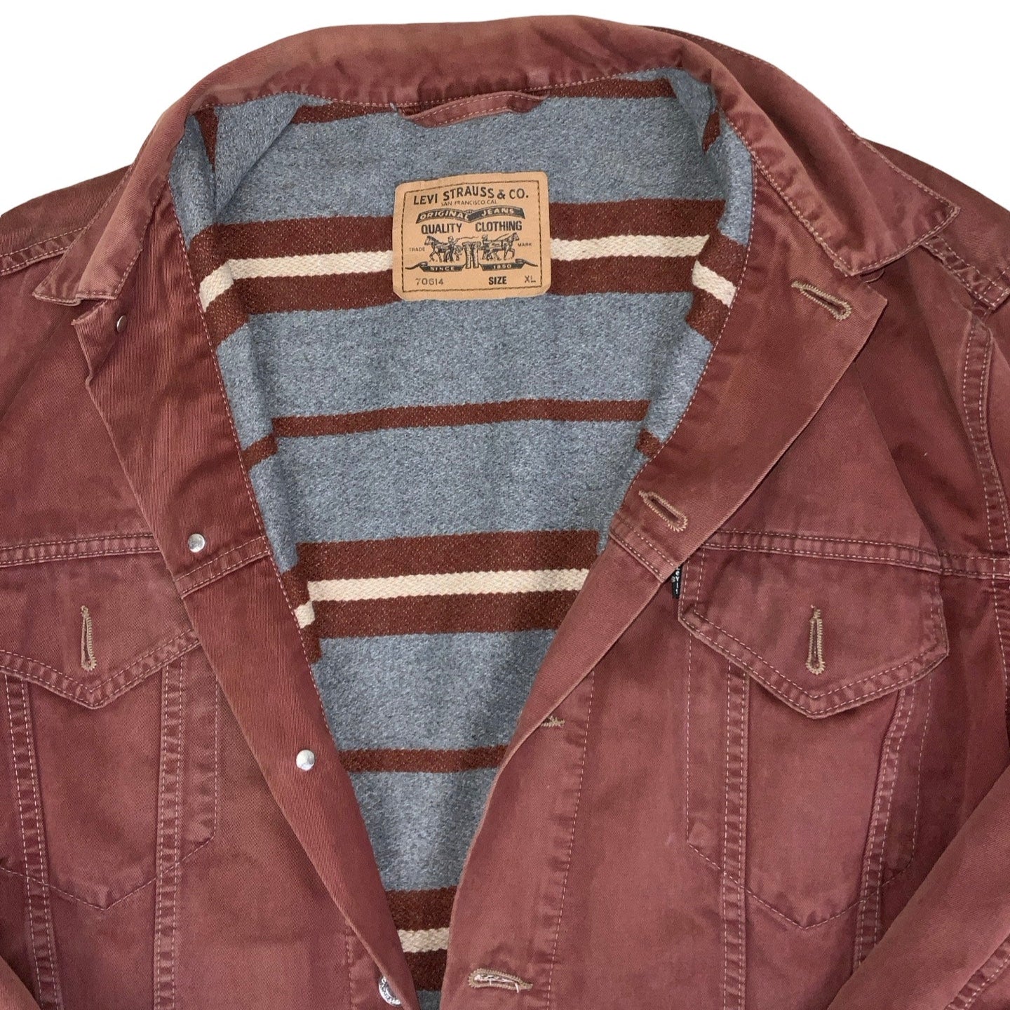 Vintage 80s 90s ‘Levi Strauss & Co’ 70614 Burgundy Stripe Fleece Lined Denim Jacket L XL