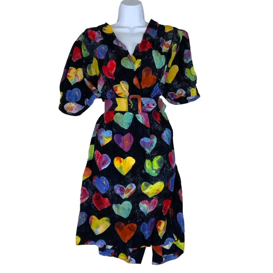 Vintage 80s 90s ‘Betty Barclay’ Black Multicoloured Love Heart Pockets V-Neck Aline Mini Dress 10 12