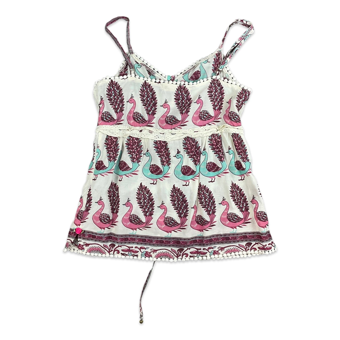 Vintage Y2K White Pink Teal Peacock Print Babydoll Spaghetti Top 4 6