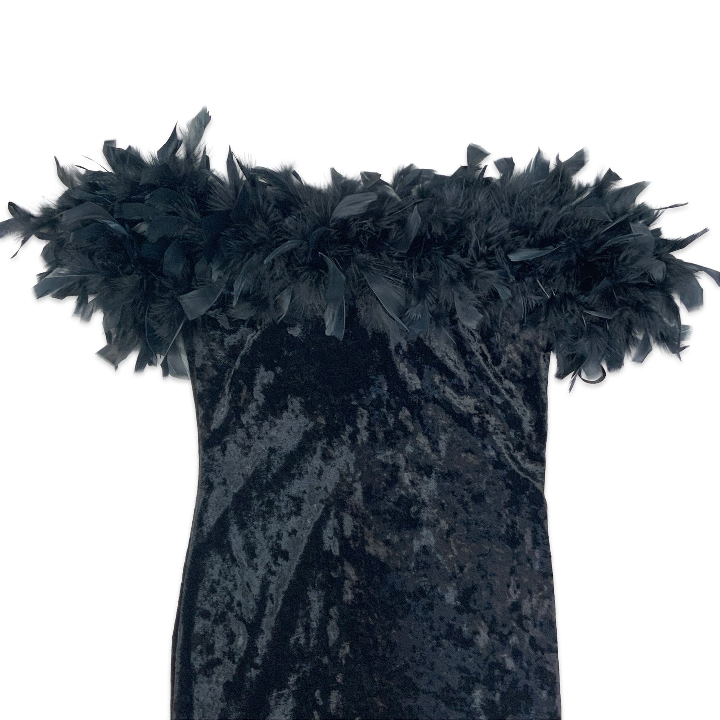 90s Black Velvet Feather Mini Dress 10 12