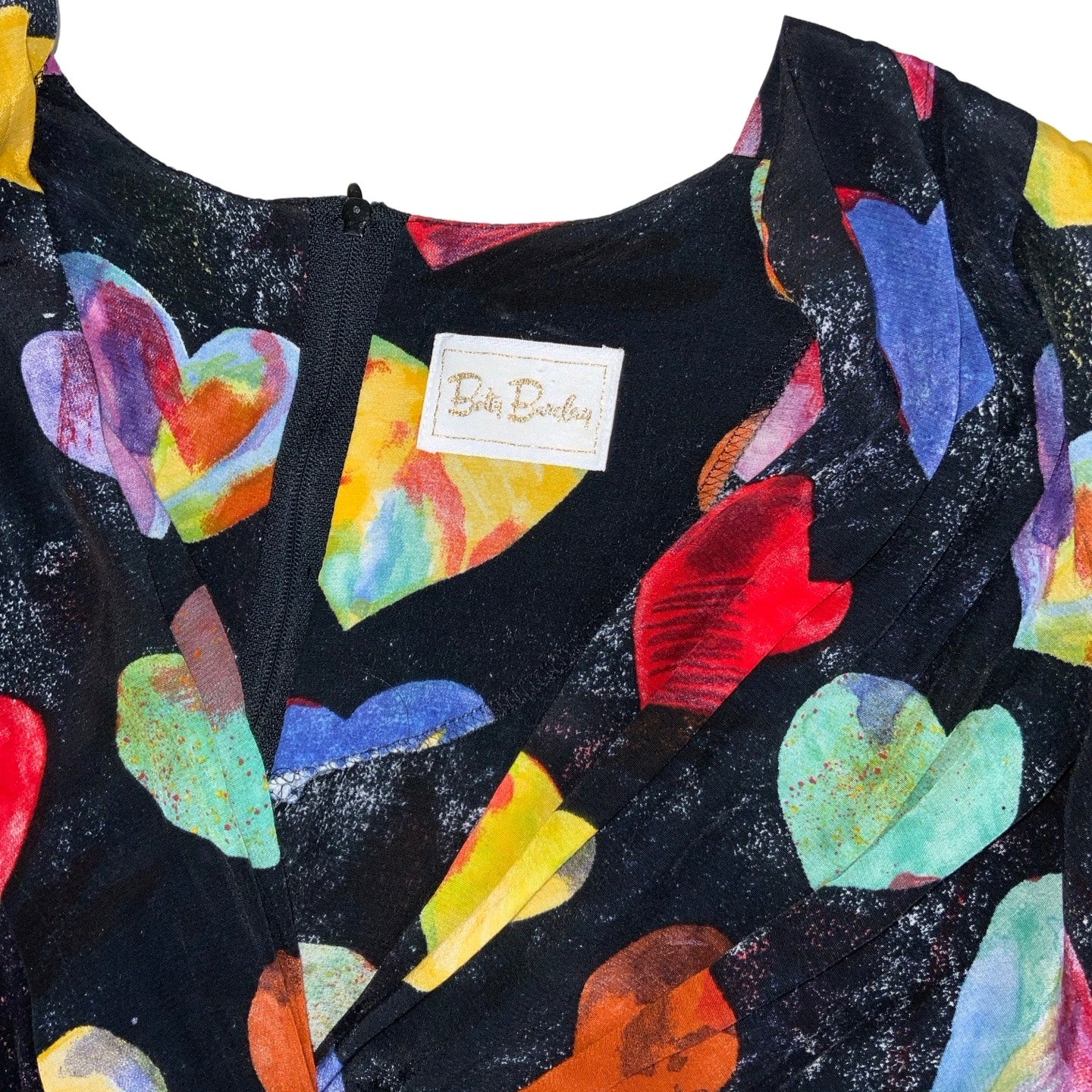 Vintage 80s 90s ‘Betty Barclay’ Black Multicoloured Love Heart Pockets V-Neck Aline Mini Dress 10 12