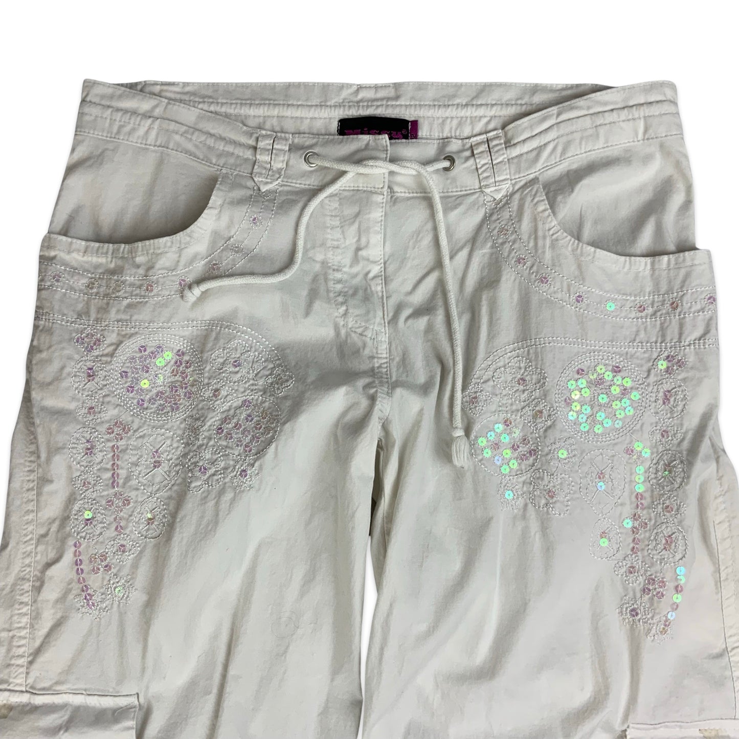 Y2K White Cargo Trousers with Sequin Embellishment 8 10 12