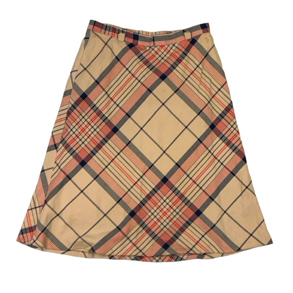 Vintage 60s 70s ‘Trevira’ Beige Red Navy Tartan Midi Skirt S 10 12