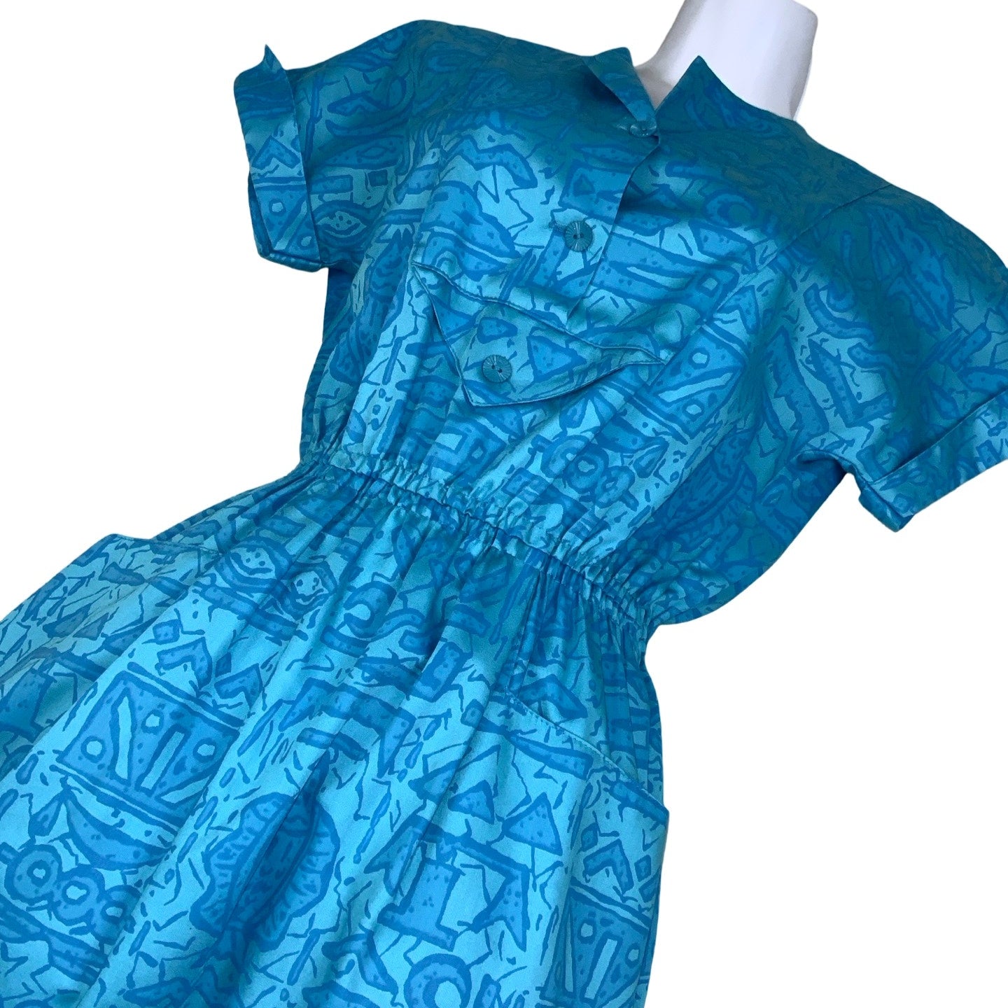 Vintage 80s ‘Lobey’ Blue Abstract Print Pockets Aline Summer Midi Dress 4 6