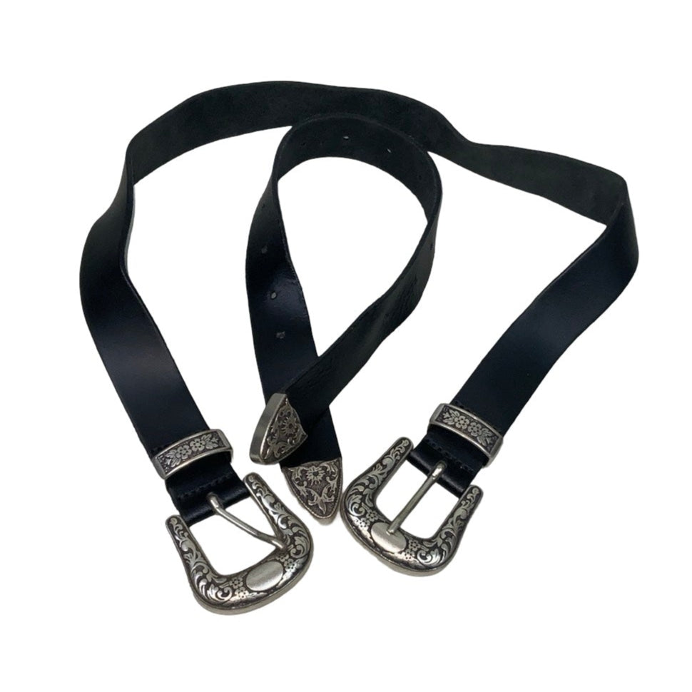 Vintage 90s ‘TopShop’ DEADSTOCK Black Leather Silver Double Buckle Belt