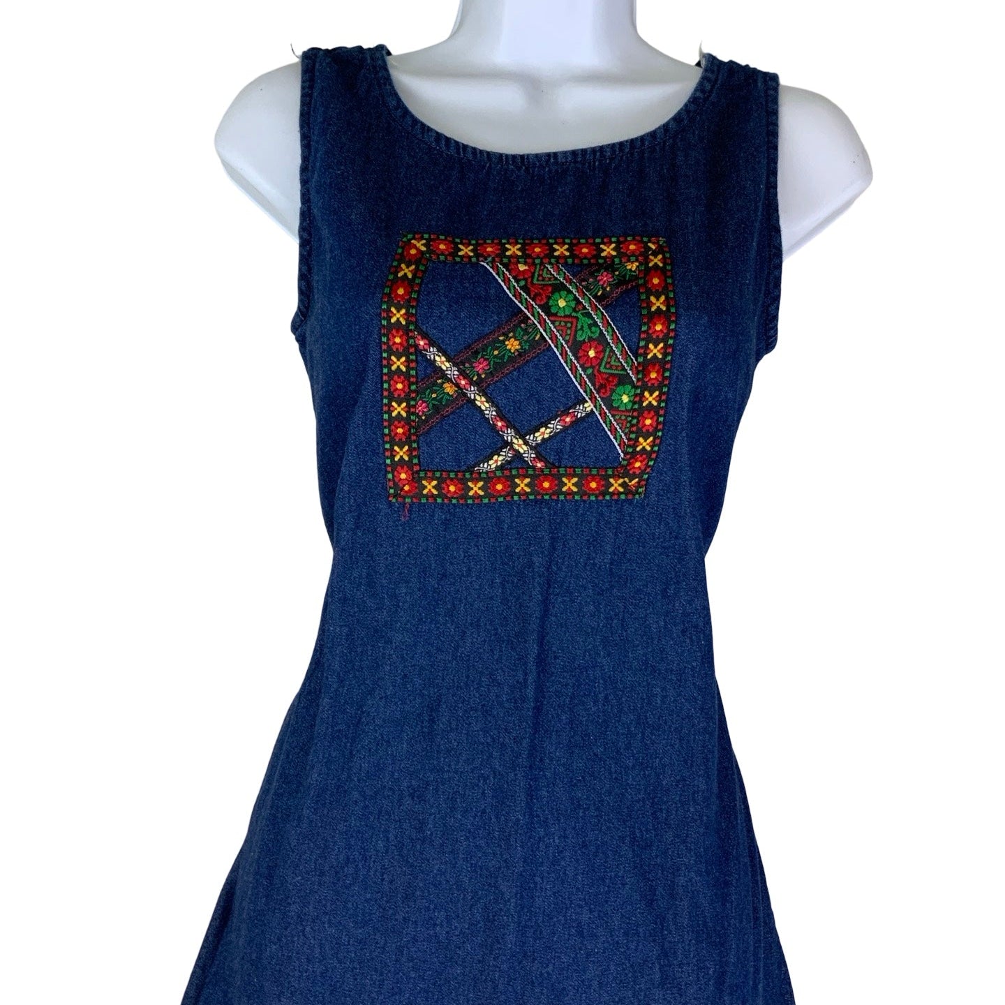 Vintage 90s 00s Y2k R.J & Co Dark Blue Colourful Floral Embroidered Sleeveless Midi Dress 8 10 XS S