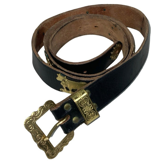 Vintage 'Appenzeller Gurt' Swedish Thin Black Leather Novelty Gold Mule Studded Buckle Belt