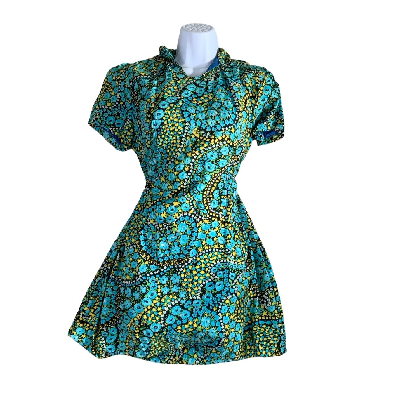 Vintage 60 70s Blue Yellow Floral Open Collar Shift Dress 10 12