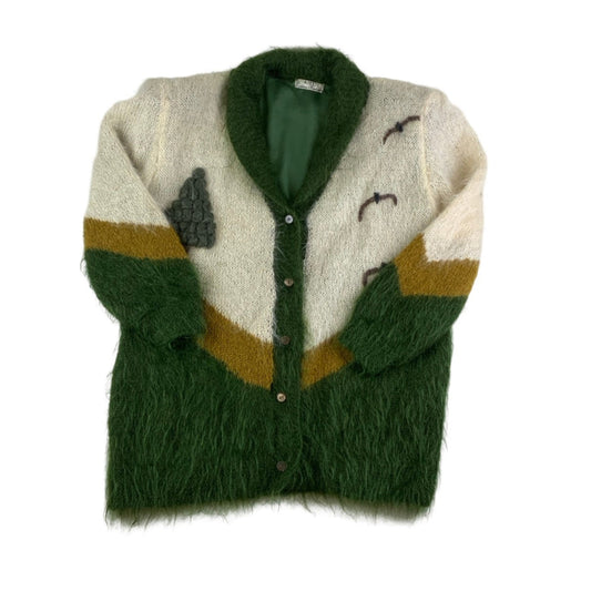 Vintage 80s ‘A. TEX’ Cream Green Scenic Mohair Wool Knit Cardigan 3XL 4XL